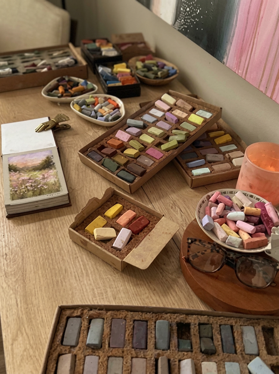 Casey's worktable with trays of soft pastels